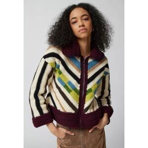 Mandinga Suzia Crochet Sweater Jacket Wool Multicolor Knit Zip Up Size Small
